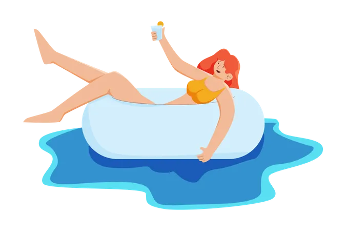 Mulher relaxando na piscina  Ilustração