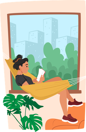 Mulher relaxando na rede enquanto lê um livro  Ilustração