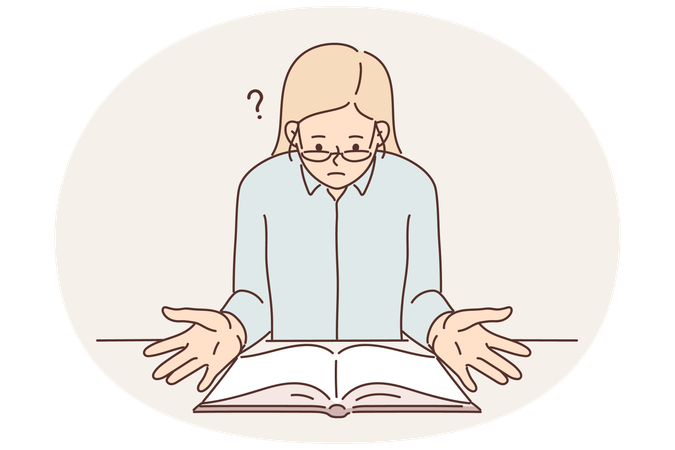Mulher religiosa surpresa sentada à mesa com a Bíblia aberta lendo livro sagrado com orações cristãs  Ilustração