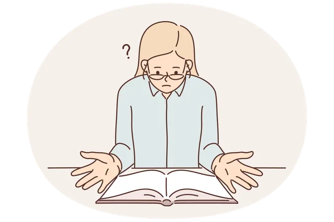 Mulher religiosa surpresa sentada à mesa com a Bíblia aberta lendo livro sagrado com orações cristãs  Ilustração