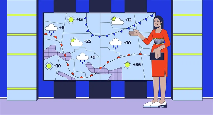 Mulher relatando previsão meteorológica na TV  Ilustração