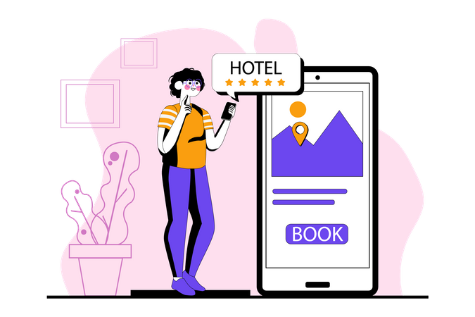 Mulher reservando hotel 5 estrelas on-line  Ilustração