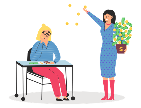 Mulher rica e feliz espalha dinheiro enquanto mulher pobre conta economias na calculadora  Ilustração