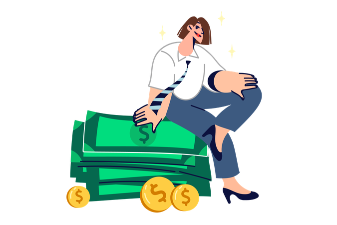 Mulher rica senta-se na pilha de dinheiro ganho nos negócios e pensa onde investir dinheiro  Illustration
