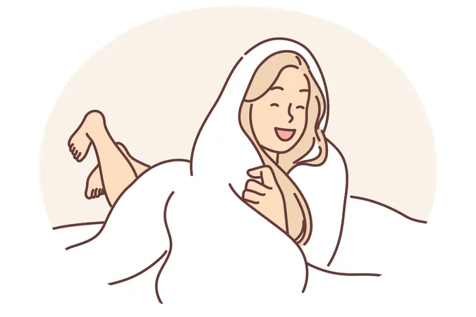 Mulher rindo enrolada em cobertor deitada na cama sem querer se levantar e ir para o trabalho ou faculdade  Ilustração