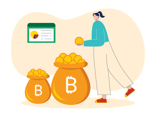 Mulher salvando bitcoin em bolsa  Ilustração