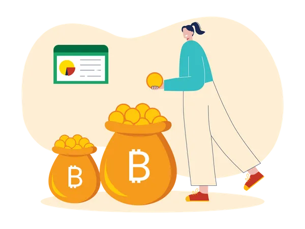 Mulher salvando bitcoin em bolsa  Ilustração