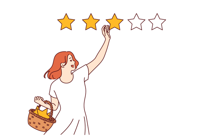 Mulher satisfeita dando classificação de três estrelas e deixando feedback positivo após usar os serviços  Ilustração