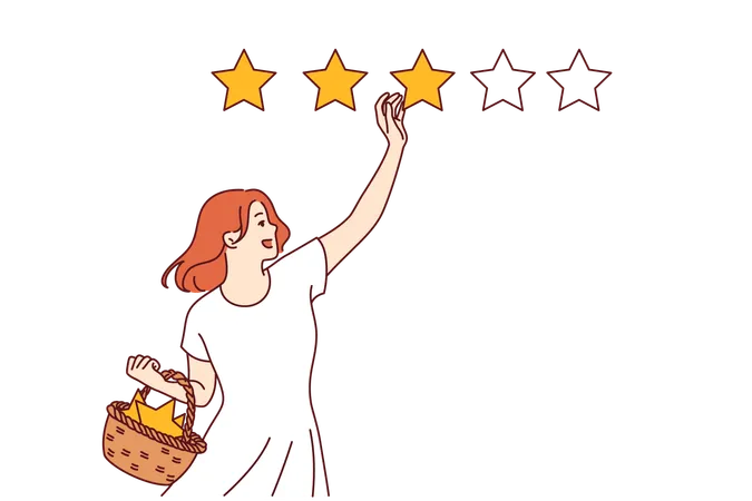 Mulher satisfeita dando classificação de três estrelas e deixando feedback positivo após usar os serviços  Ilustração