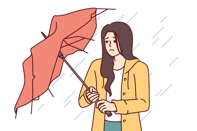 Mulher se molha porque guarda-chuva quebra com vento forte  Ilustração