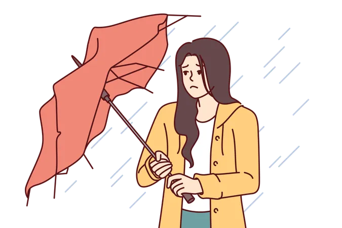 Mulher se molha porque guarda-chuva quebra com vento forte  Ilustração