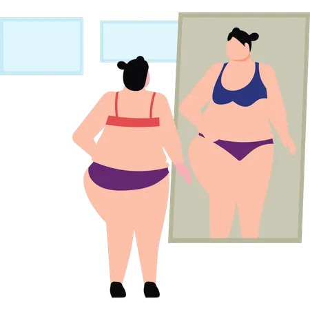 Mulher se olhando no espelho para perder peso  Ilustração