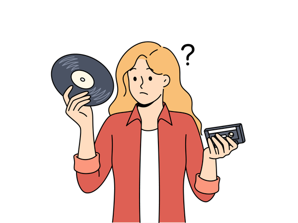 Mulher se sente confusa e não sabe ouvir músicas armazenadas em dispositivos de armazenamento antigos  Ilustração