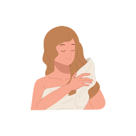 Mulher secando o cabelo com toalha após a lavagem  Ilustração