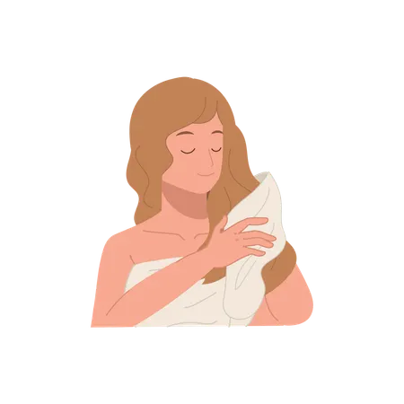Mulher secando o cabelo com toalha após a lavagem  Ilustração