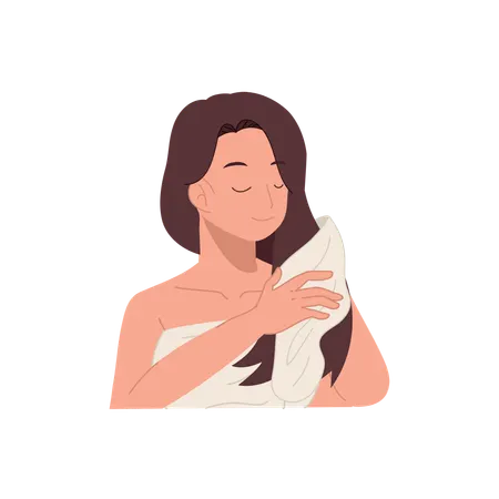 Mulher secando o cabelo com toalha após a lavagem do cabelo  Ilustração