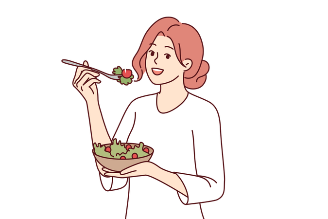 Mulher segue dieta comendo salada de algas verdes para se livrar de doenças e levar um estilo de vida saudável  Ilustração