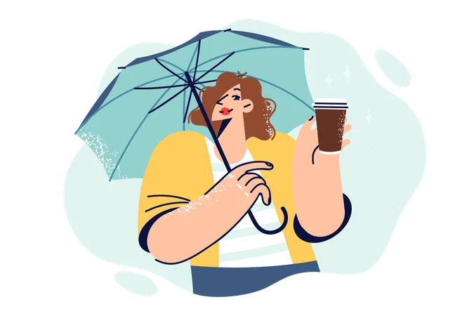 Mulher segura copo de papel com café para viagem e guarda-chuva  Ilustração