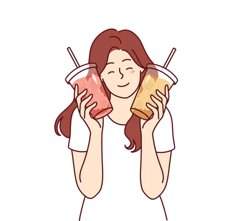 Mulher segura dois copos plásticos com limonada comprados em cafeteria  Ilustração