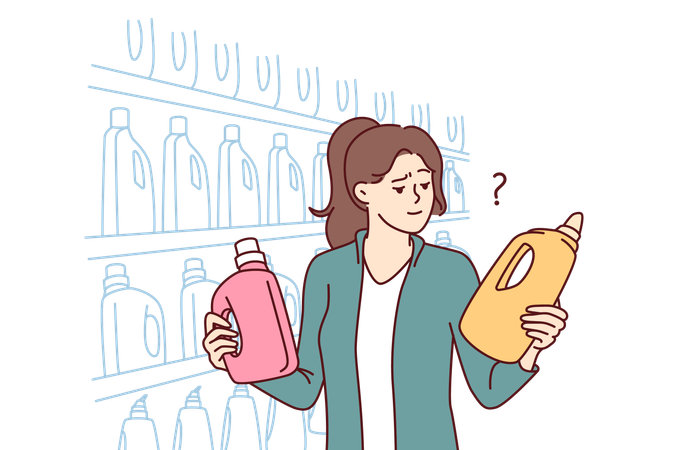 Mulher segura garrafas de sabão em pó no supermercado  Ilustração