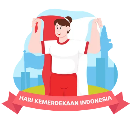Mulher segurando a bandeira da Indonésia no dia da independência  Ilustração
