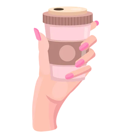 Mão de uma mulher segurando uma xícara de café quente aromático  Ilustração