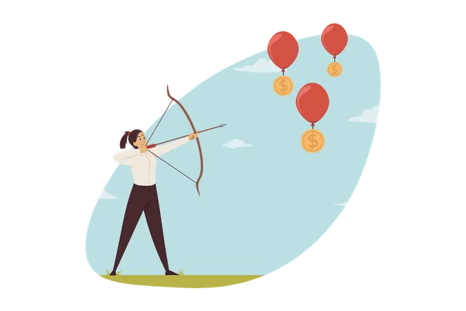 Mulher segurando arco e flecha e focando balão de dólar  Ilustração