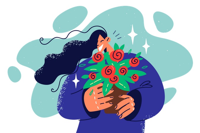 Mulher segurando buquê de flores  Ilustração