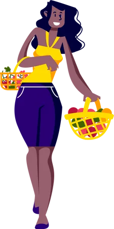 Mulher segurando cestas de frutas frescas  Ilustração