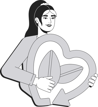 Mulher segurando um símbolo de reciclagem de coração com folhas  Ilustração