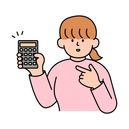Mulher segurando e apontando para a calculadora  Ilustração