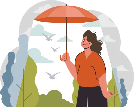 Mulher segurando guarda-chuva e saindo enquanto aprecia a natureza  Ilustração