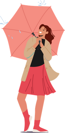 Mulher segurando guarda-chuva em pé e aproveitando a chuva  Ilustração