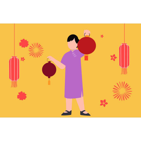 Mulher chinesa segurando lanterna  Ilustração