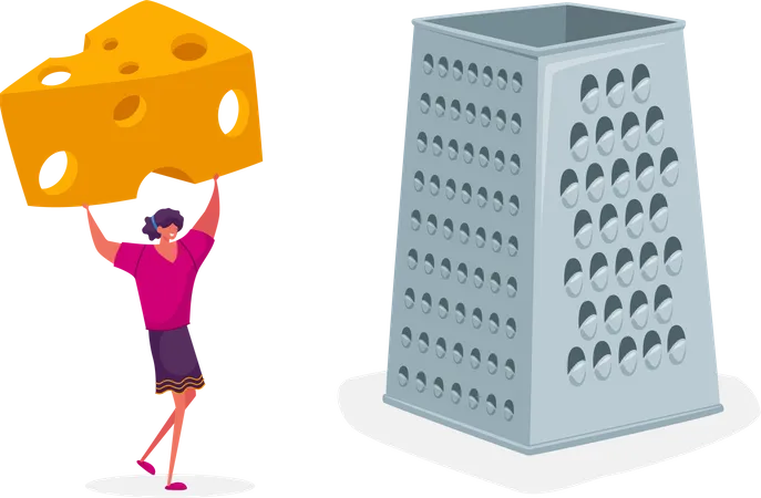 Mulher segurando queijo e ralando-o com um ralador  Ilustração
