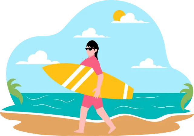 Mulher segurando uma prancha de surf  Ilustração