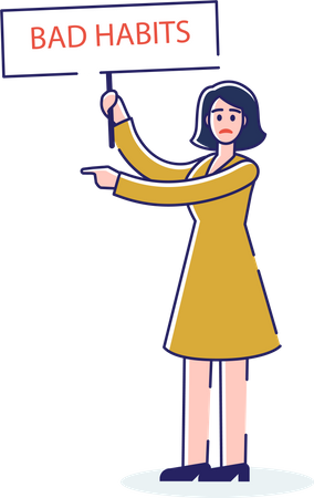 Mulher segurando placa mostrando maus hábitos e apontando o dedo  Ilustração