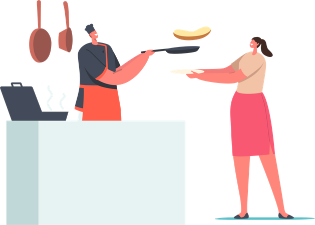 Mulher segurando um prato em frente à mesa com o chef fritando linguiça e fazendo torradas  Ilustração