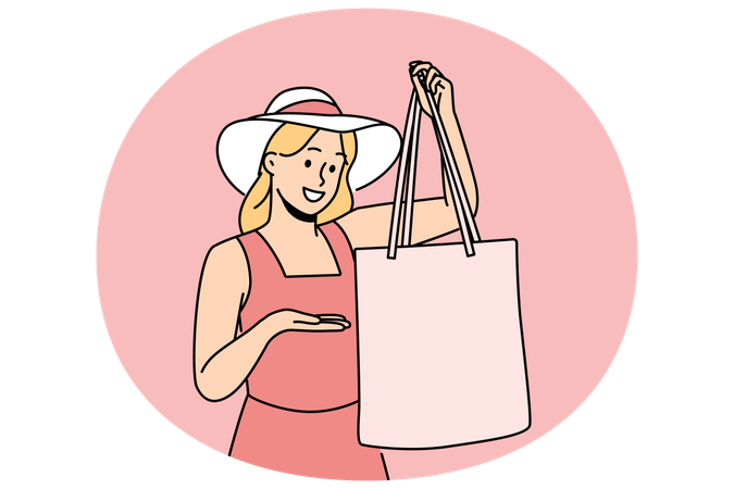 Mulher segurando sacola de tecido recomendando recusar embalagens plásticas descartáveis para fazer compras  Ilustração