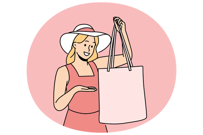 Mulher segurando sacola de tecido recomendando recusar embalagens plásticas descartáveis para fazer compras  Ilustração