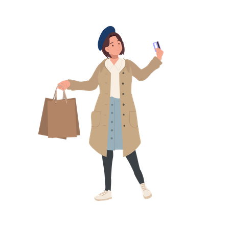 Mulher segurando sacolas de compras e cartão de crédito  Ilustração