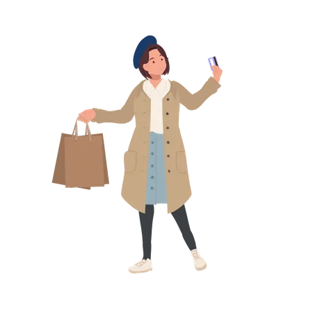 Mulher segurando sacolas de compras e cartão de crédito  Ilustração