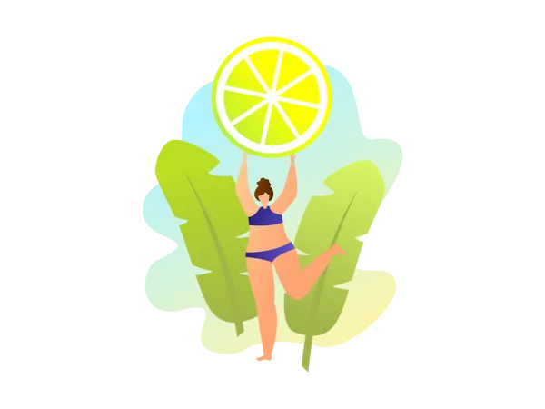 Fêmea segurando uma fatia de limão na mão  Ilustração
