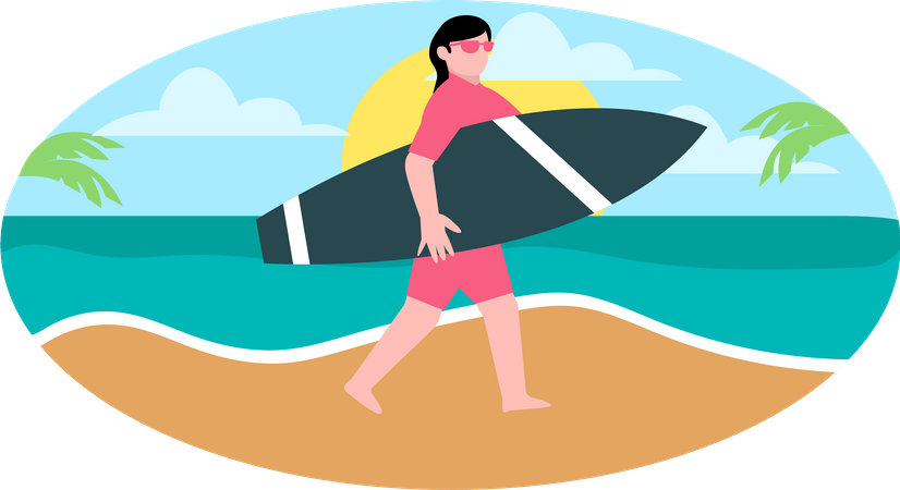 Mulher segurando uma prancha de surf  Ilustração