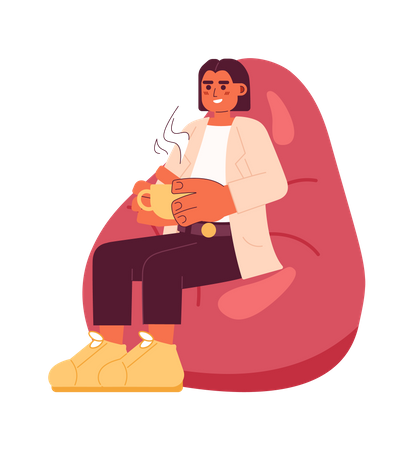 Mulher segurando uma xícara de café no saco de feijão  Illustration