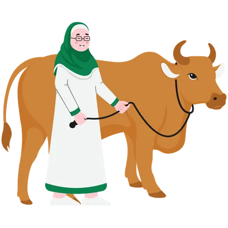 Mulher Segurando Corda De Vaca  Ilustração