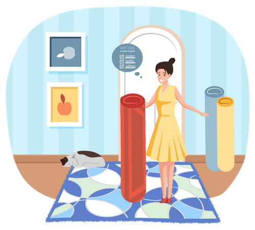Mulher selecionando tapetes de ioga  Ilustração