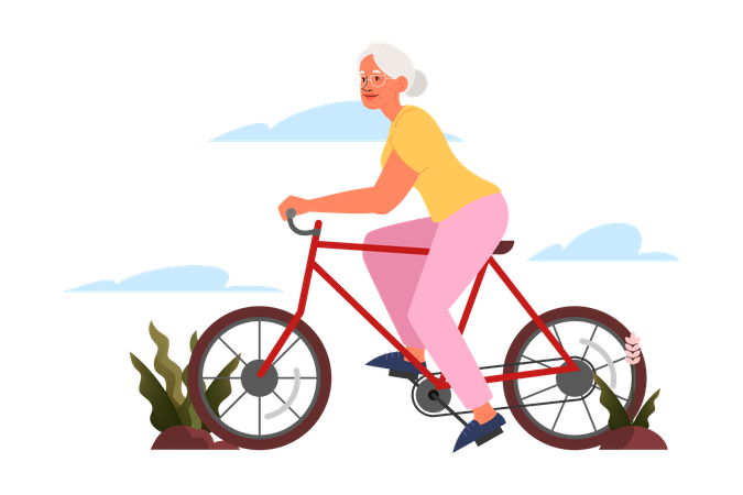 Mulher sênior andando de bicicleta  Ilustração