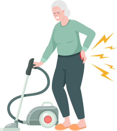 Mulher sênior com dor nas costas enquanto aspirava  Ilustração
