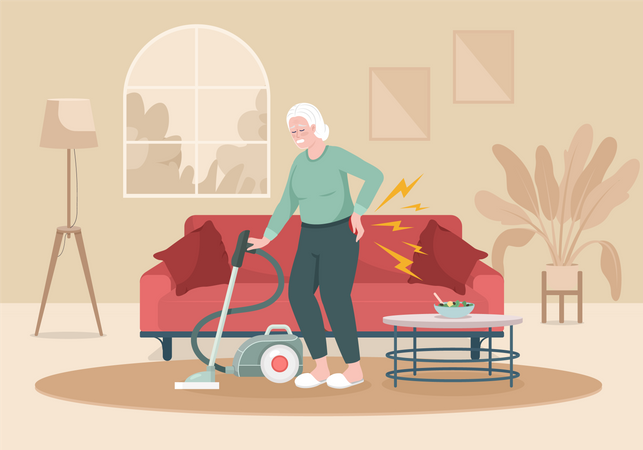Mulher sênior com dor nas costas limpando casa  Ilustração